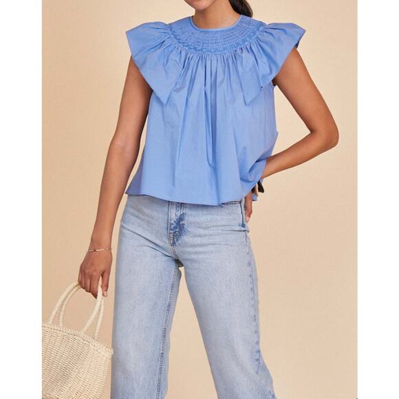 Hunter Bell Tops - HUNTER BELL Smocked Flutter Sleeve Cotton Top | M | Blue | Preppy Cottagecore